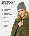 Woman wearing a green coat and grey beanie with text about comfortable merino knit.