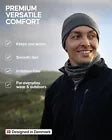 Man wearing a grey beanie and scarf with text about premium comfortable clothing.