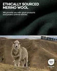 Product packaging for ethically sourced merino wool with a sheep illustration and certification logo.
