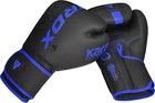 Black boxing gloves with blue accents on a white background