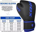 Black and blue boxing gloves with size guide.
