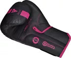 Black and pink boxing glove with a brand logo on a white background