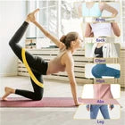 Woman exercising on a mat with resistance bands, surrounded by images of a woman in various poses.