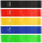 Set of five colourful resistance bands in black, red, yellow, blue, and green.