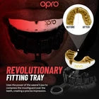 Opro Revolutionary Fitting Tray mouth guard with branding and close-up on tray.