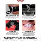 Opro mouth guard packaging with before and after images and text about removability.