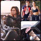 Collage of a woman in a black outfit with a red accent, standing next to a motorcycle wearing pink gloves.