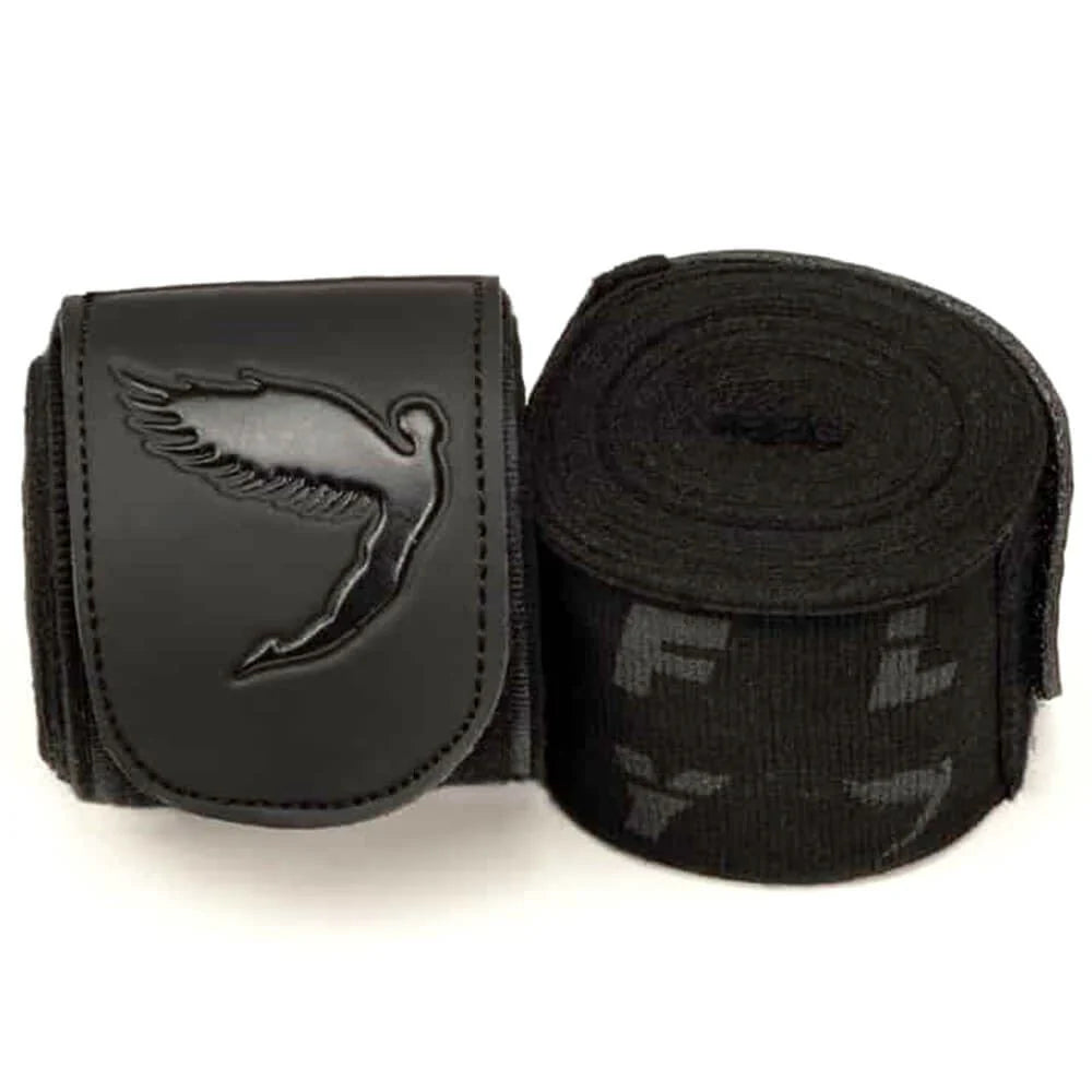 Black hand wraps with a brand logo on a white background