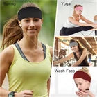 Collage of a woman exercising with a headband, a man exercising, and a person washing face with a headband.