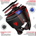 Black and red headguard with branding on a dark background