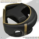 Black and gold headguard on a white background