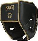 Black and gold headguard with 'Kara' branding on a white background