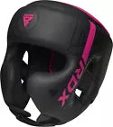 Black and pink boxing headguard with a brand logo on a white background
