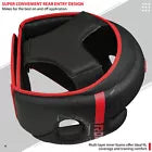 Black and red protective headguard with branding on a white background