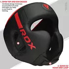 Black boxing headguard with red branding on a white background
