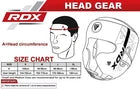 RDX headgear size chart with a headguard on a white background