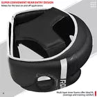 Black and white headguard with branding on a white background
