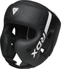 Black boxing headguard with white logo on a black background