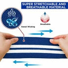 Blue knee wraps with product information
