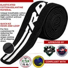 Black knee wraps with white text and logo