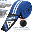 Blue knee wraps with product information