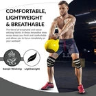 Man performing kettlebell swings wearing knee wraps with product information