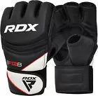 Black RDX MMA gloves with white lettering on a white background