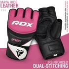 Pink MMA gloves showing leather material