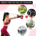 Woman training with reflex ball in various indoor and outdoor settings.