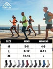 Product display of socks with size chart and people running in the background