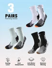 Three pairs of socks with different designs on a white background