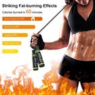 Woman using a skipping rope with text about fat-burning effects and calorie burn on a fiery background