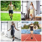 Collage of four people exercising outdoors with a skipping rope on a grassy area, sidewalk, and track.
