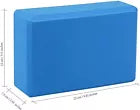 Blue yoga block with dimensions on a white background