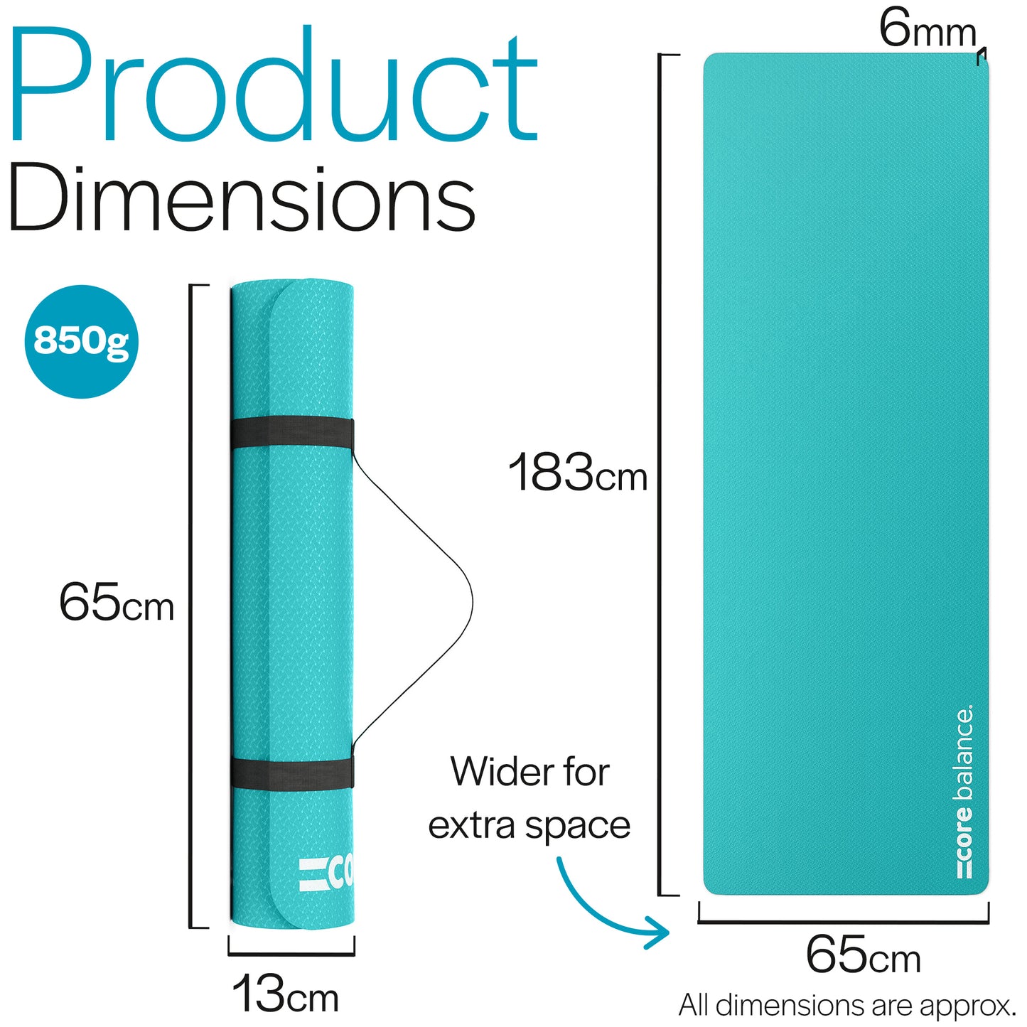 Green yoga mat with dimensions and weight information on a white background