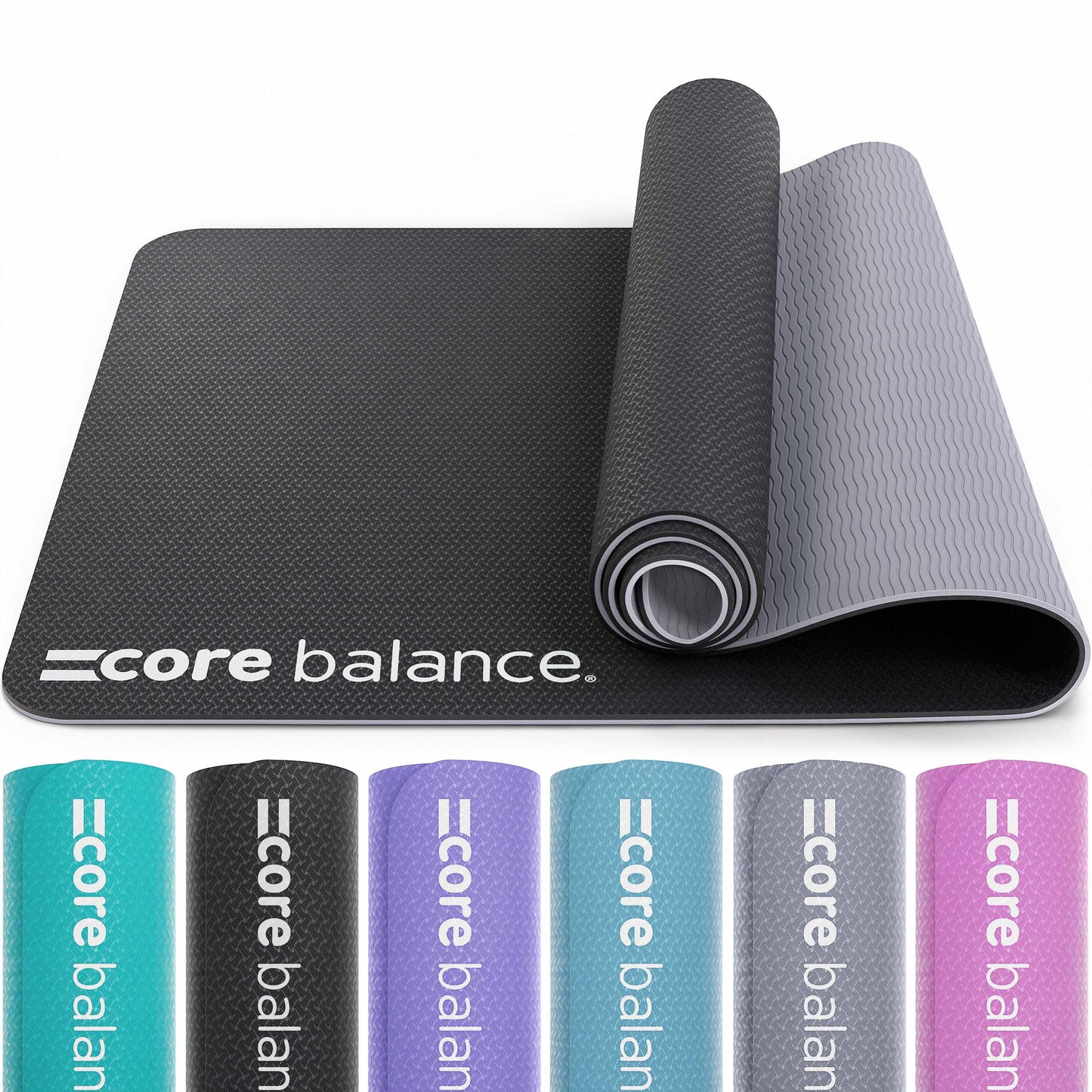 Black yoga mats with Core Balance branding on a white background.