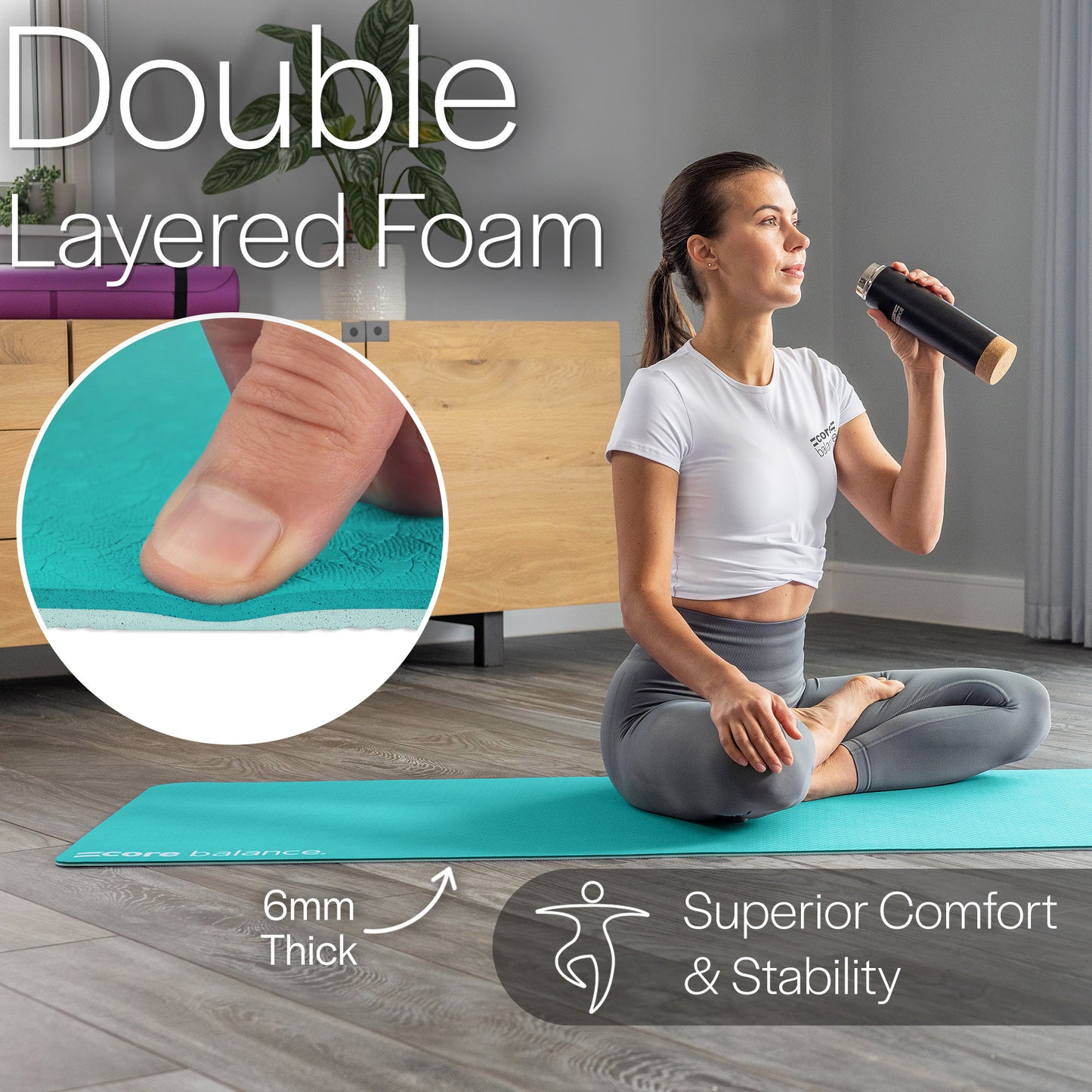 Woman on a green yoga mat with text about double-layered foam and comfort/stability.