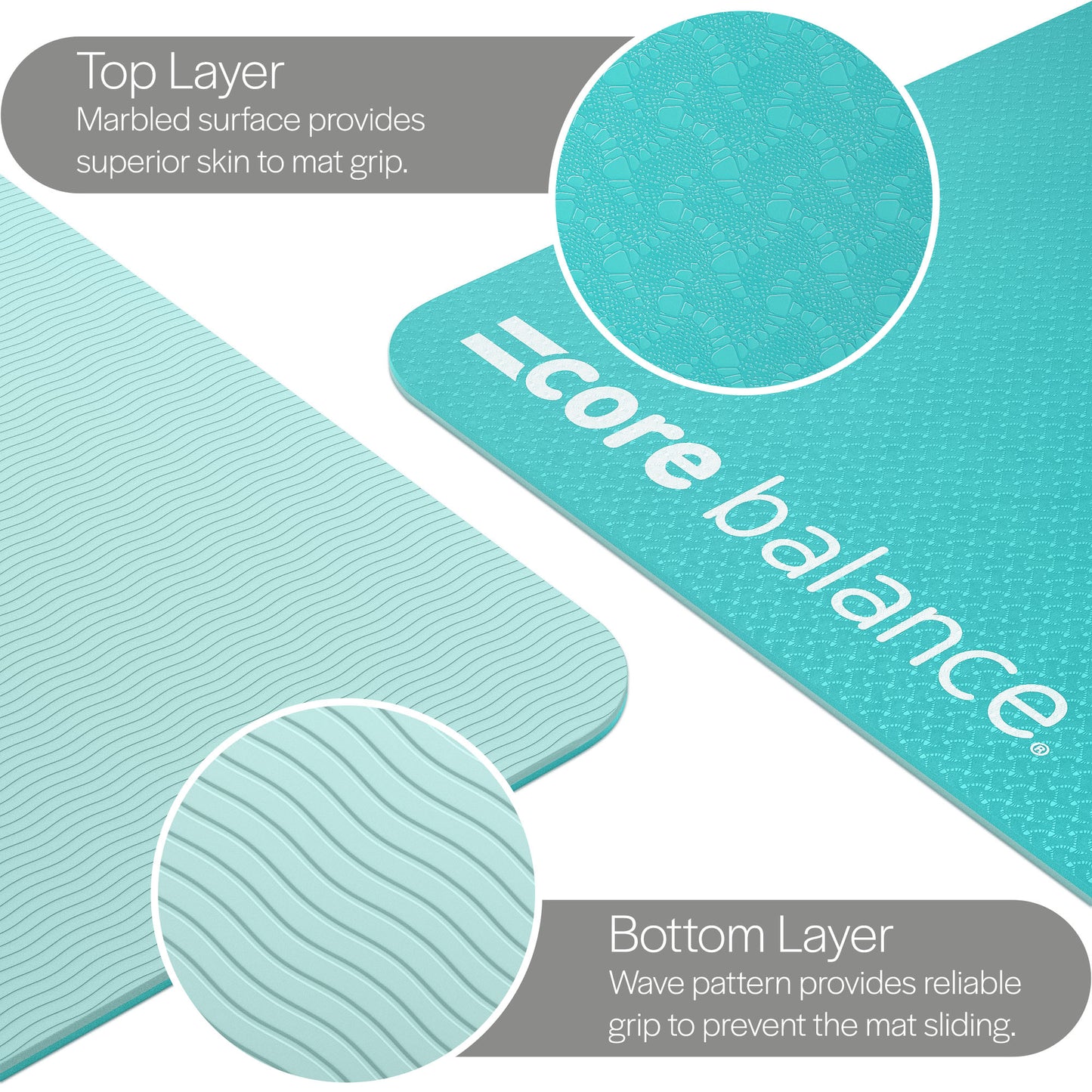 Green yoga mat with 'core balance' branding, showing top and bottom layers.