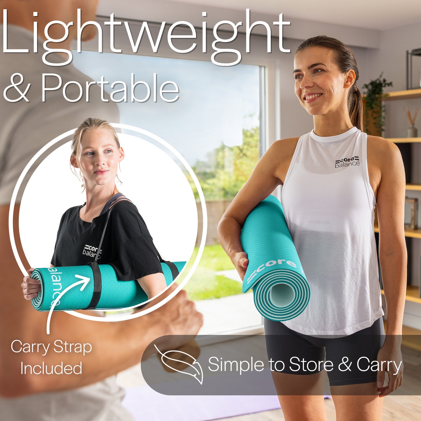 Woman holding green yoga mat showing shoulder strap.