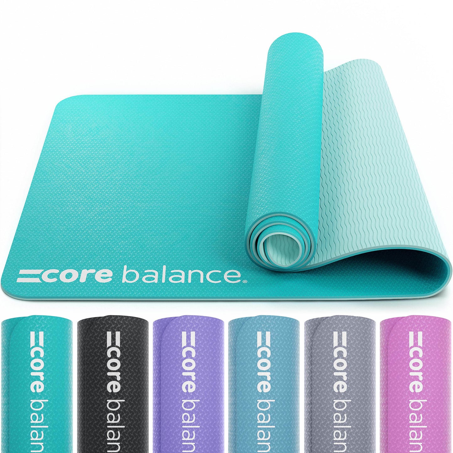 Green yoga mat with 'core balance' branding on a white background