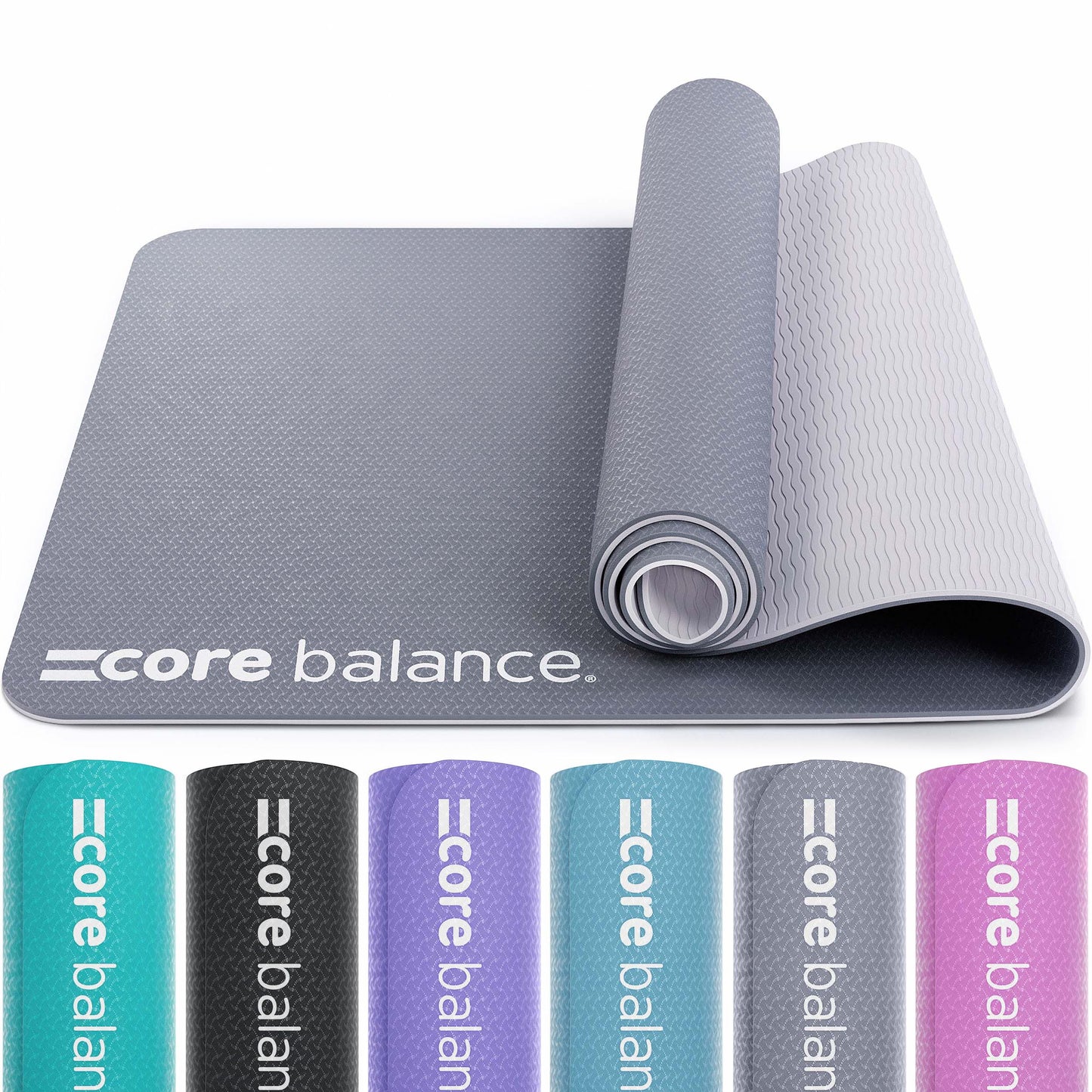 Grey yoga mat with 'core balance' branding, rolled up and flat, with colour options below.