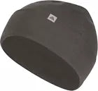 Grey beanie with a brand logo on a white background
