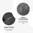 Gray towels with a large pocket and text indicating comfort and size.