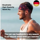 Man wearing a headband with text about its features and usage.