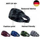 Headband with various color options and text indicating features like 'Anti UV 40+', 'Seasonal fabrics', and 'Helmet friendly'.