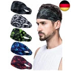 Set of six headbands in various colours with a man wearing one, set against a white background.
