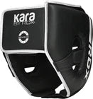 Black and white boxing headguard with brand logo on a black background