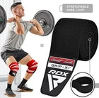 Man performing front barbell squat wearing black knee wraps