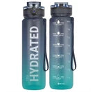 Gradient water bottle with 'HYDRATED' text on a white background