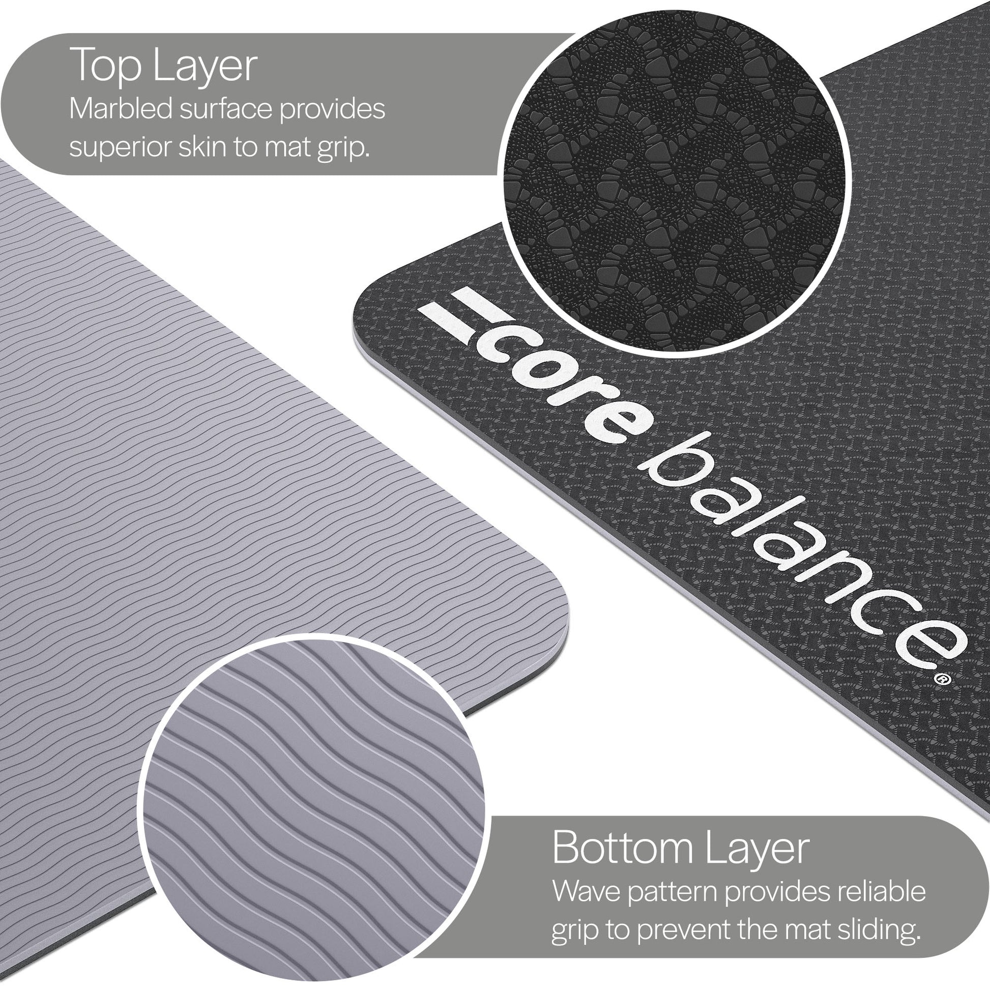 Grey yoga mat with 'core balance' branding, showing top and bottom layer textures.